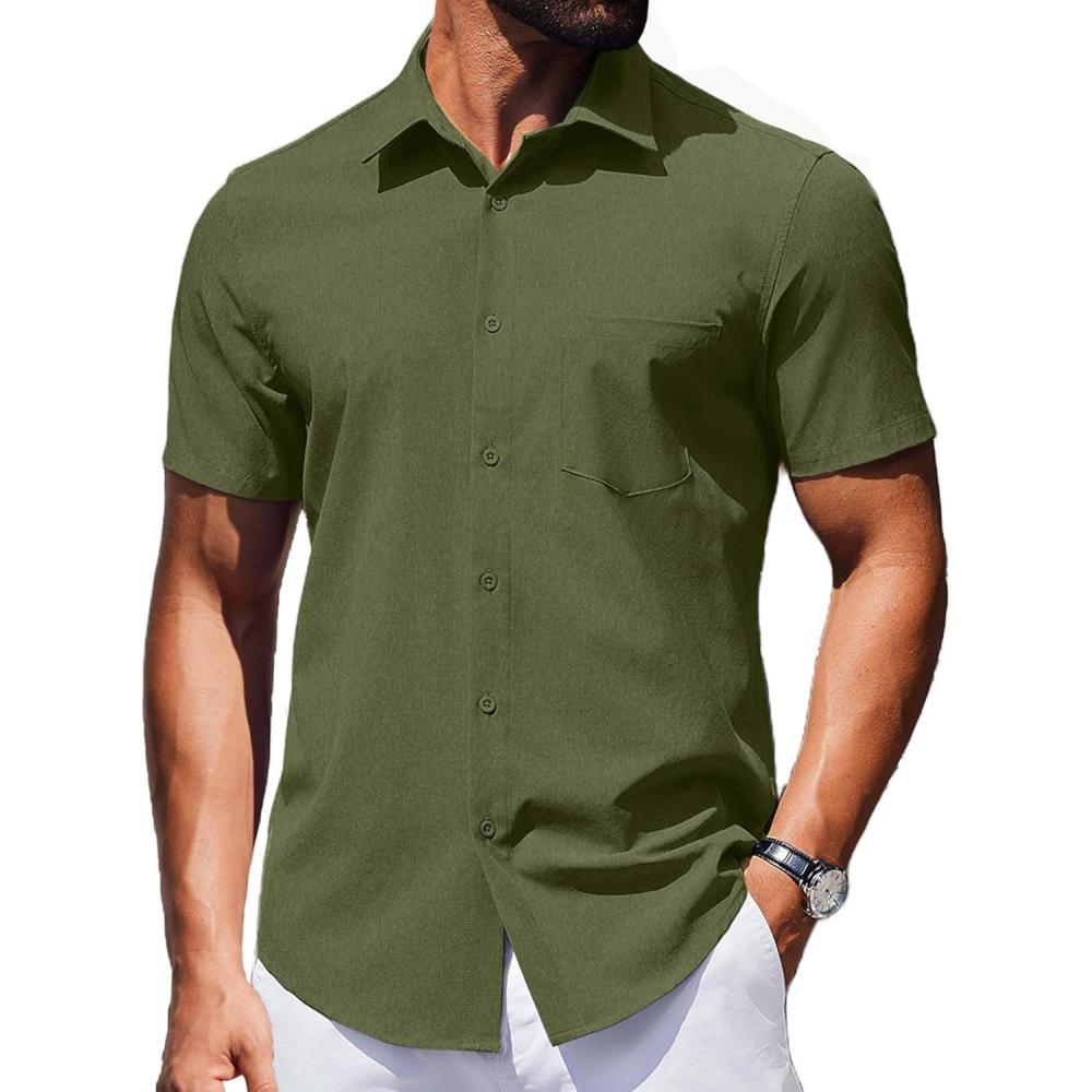 imageCOOFANDY Mens Wrinkle Free Shirts 2025 Short Sleeve Casual Button Down Summer Dress ShirtsArmy Green