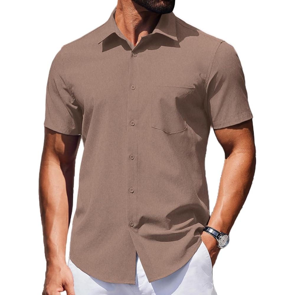 imageCOOFANDY Mens Wrinkle Free Shirts 2025 Short Sleeve Casual Button Down Summer Dress ShirtsLight Brown