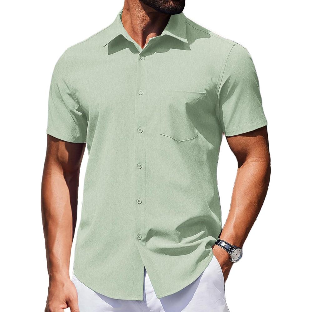 imageCOOFANDY Mens Wrinkle Free Shirts 2025 Short Sleeve Casual Button Down Summer Dress ShirtsLight Green