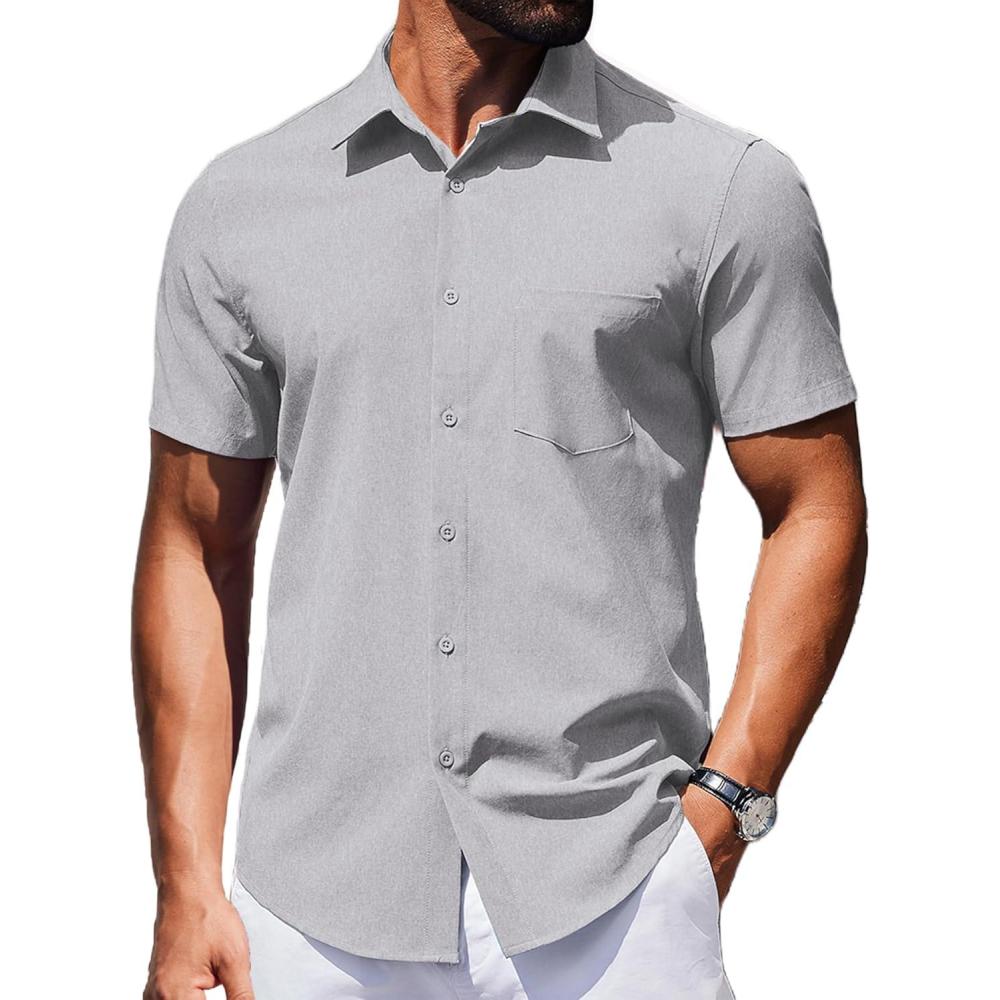 imageCOOFANDY Mens Wrinkle Free Shirts 2025 Short Sleeve Casual Button Down Summer Dress ShirtsLight Grey