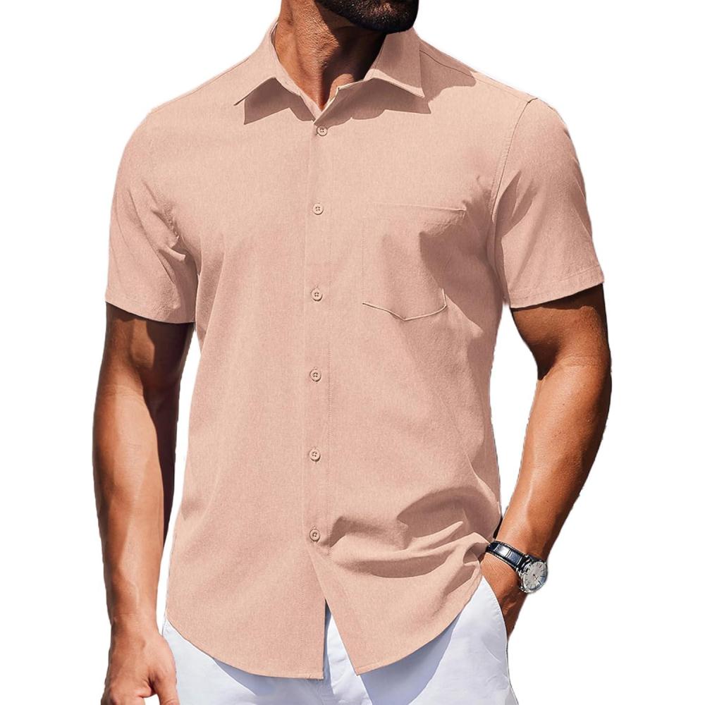 imageCOOFANDY Mens Wrinkle Free Shirts 2025 Short Sleeve Casual Button Down Summer Dress ShirtsOrangepink