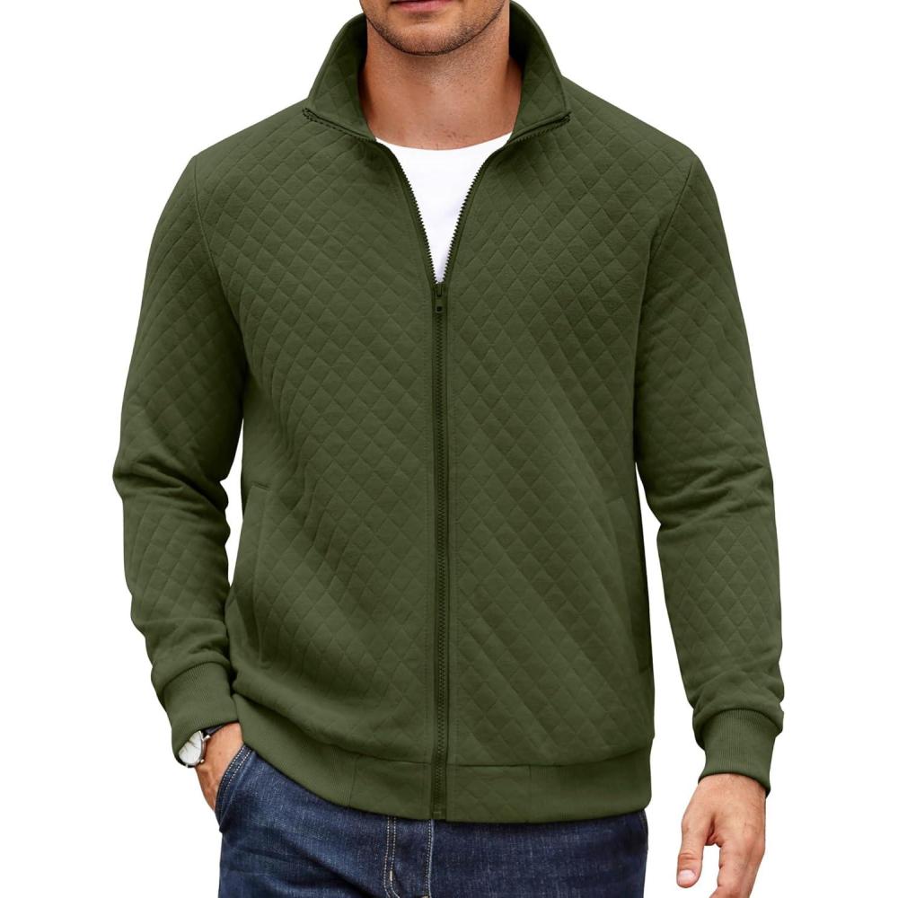 imageCOOFANDY Mens Zip Up Sweatshirt Mock Neck Quilted Jacket Casual Lightweight Sweater Jackets with PocketArmy Green