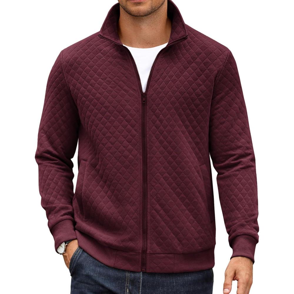 imageCOOFANDY Mens Zip Up Sweatshirt Mock Neck Quilted Jacket Casual Lightweight Sweater Jackets with PocketDark Red