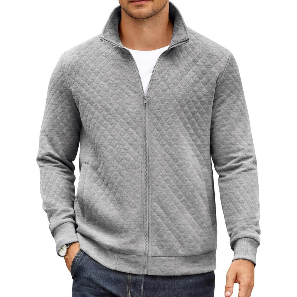 imageCOOFANDY Mens Zip Up Sweatshirt Mock Neck Quilted Jacket Casual Lightweight Sweater Jackets with PocketLight Grey