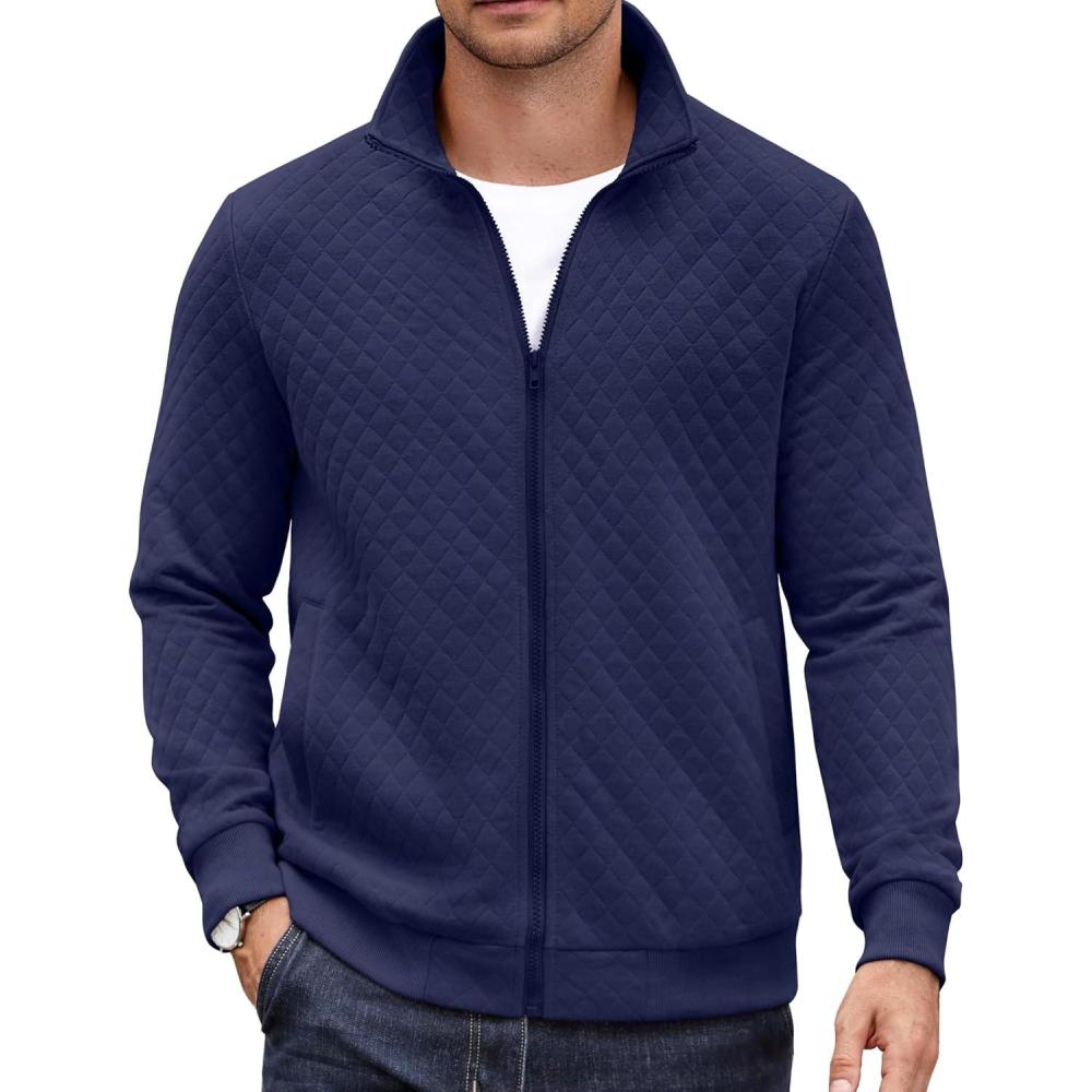 imageCOOFANDY Mens Zip Up Sweatshirt Mock Neck Quilted Jacket Casual Lightweight Sweater Jackets with PocketNavy Blue