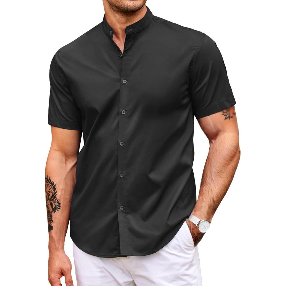 imageCOOFANDY Muscle Fit Dress Shirts for Men Banded Collar Casual Button Down ShirtsBlack