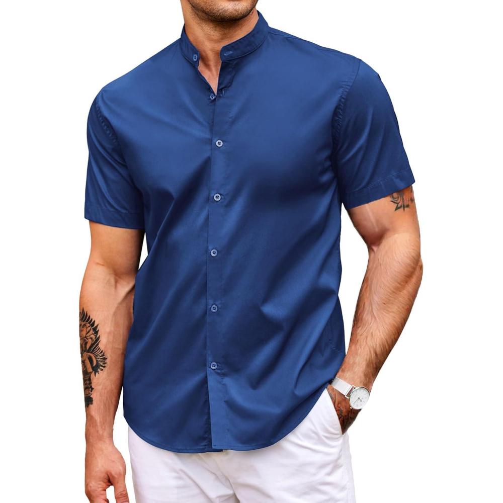 imageCOOFANDY Muscle Fit Dress Shirts for Men Banded Collar Casual Button Down ShirtsBlue