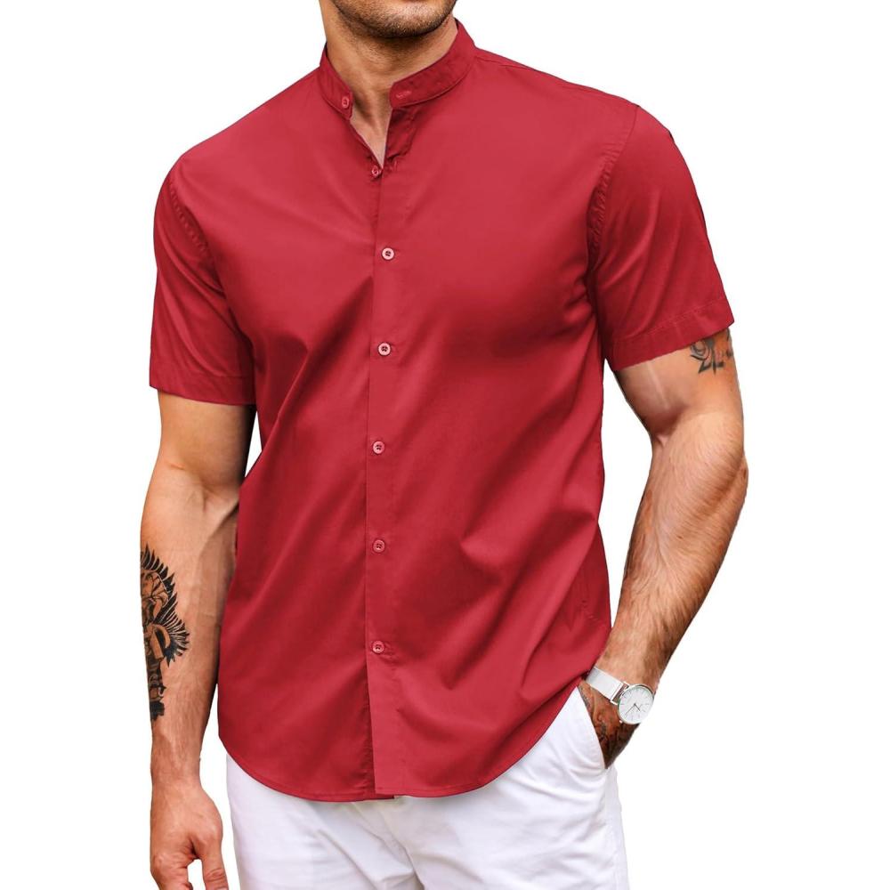 imageCOOFANDY Muscle Fit Dress Shirts for Men Banded Collar Casual Button Down ShirtsBright Red