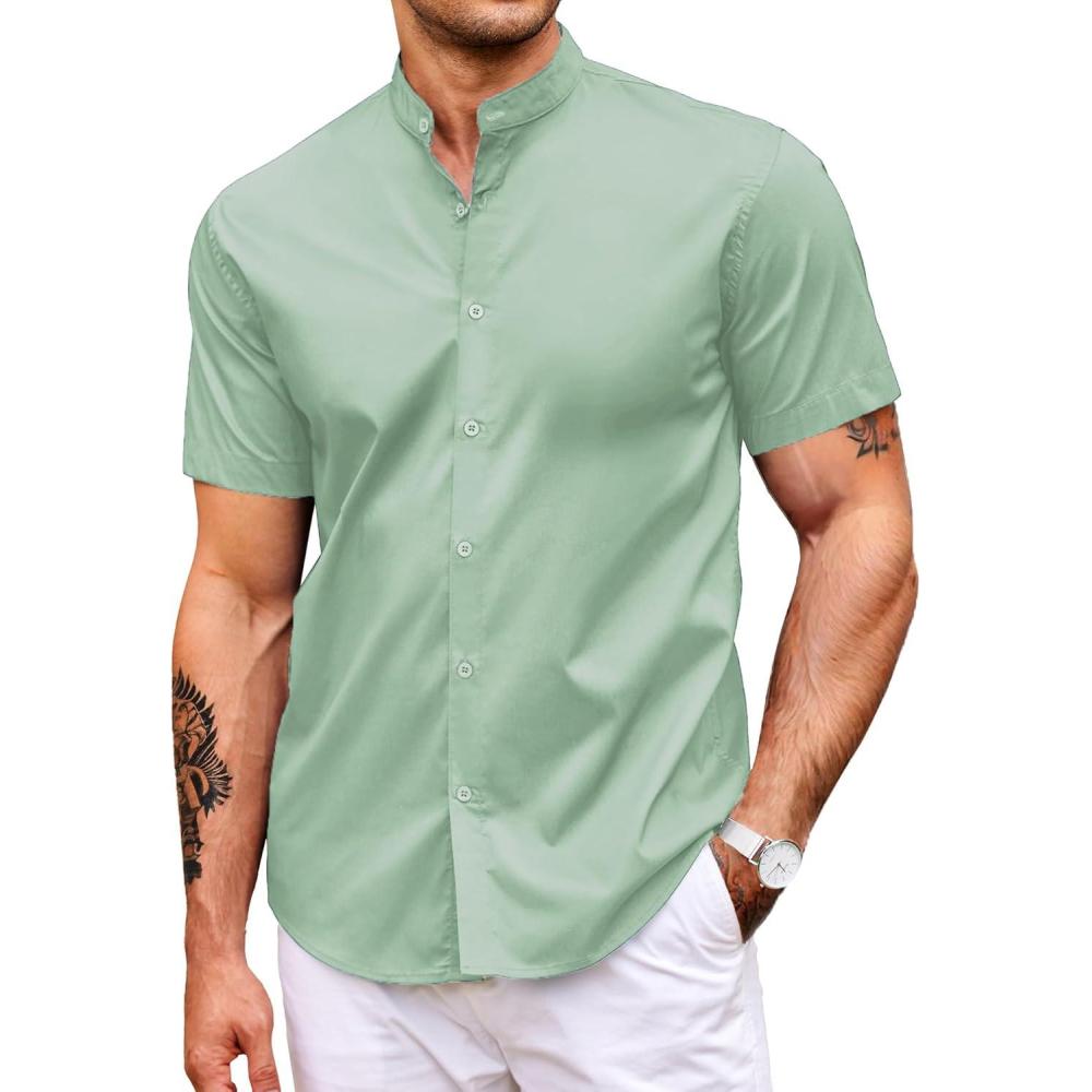 imageCOOFANDY Muscle Fit Dress Shirts for Men Banded Collar Casual Button Down ShirtsLight Green