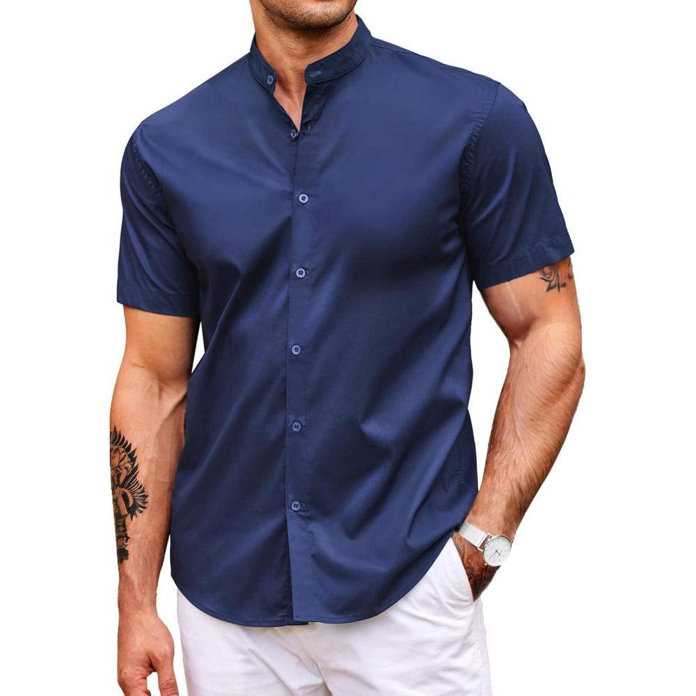 imageCOOFANDY Muscle Fit Dress Shirts for Men Banded Collar Casual Button Down ShirtsNavy