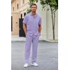 COOFANDY Men’s 2 Piece Outfit Casual Short Sleeve Button Down Shirt Beach Summer Loose Pant Sets(Light Purple)