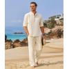 COOFANDY Men’s 2 Pieces Cotton Linen Set Long Sleeve Henley Shirts Casual Beach Pants With Pockets Summer Yoga Outfits(Beige)