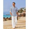 COOFANDY Men’s 2 Pieces Cotton Linen Set Long Sleeve Henley Shirts Casual Beach Pants With Pockets Summer Yoga Outfits(Blue Striped)
