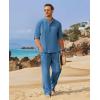COOFANDY Men’s 2 Pieces Cotton Linen Set Long Sleeve Henley Shirts Casual Beach Pants With Pockets Summer Yoga Outfits(Denim Blue)