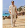 COOFANDY Men’s 2 Pieces Cotton Linen Set Long Sleeve Henley Shirts Casual Beach Pants With Pockets Summer Yoga Outfits(Light Khaki)