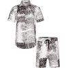 COOFANDY Men’s Hawaiian Matching Set Summer Beach 2 Piece Outfits Flower Button Down Shirts and Shorts Vacation Outfits(Black and White Stripes)