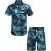 COOFANDY Men’s Hawaiian Matching Set Summer Beach 2 Piece Outfits Flower Button Down Shirts and Shorts Vacation Outfits(Blue & Green)