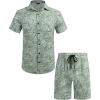 COOFANDY Men’s Hawaiian Matching Set Summer Beach 2 Piece Outfits Flower Button Down Shirts and Shorts Vacation Outfits(Green Leaves)