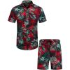 COOFANDY Men’s Hawaiian Matching Set Summer Beach 2 Piece Outfits Flower Button Down Shirts and Shorts Vacation Outfits(Red Leaves)
