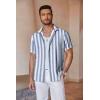 COOFANDY Men’s Linen Shirts Short Sleeve Casual Shirts Button Down Shirt for Men Beach Summer Wedding Shirt(Blue-white Stripes)