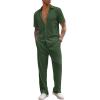 COOFANDY Men’s 2 Piece Outfit Casual Short Sleeve Button Down Shirt Beach Summer Loose Pant Sets(Dark Green)