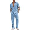 COOFANDY Men’s 2 Piece Outfit Casual Short Sleeve Button Down Shirt Beach Summer Loose Pant Sets(Light Blue)
