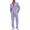 COOFANDY Men’s 2 Piece Outfit Casual Short Sleeve Button Down Shirt Beach Summer Loose Pant Sets(Light Purple)