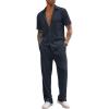 COOFANDY Men’s 2 Piece Outfit Casual Short Sleeve Button Down Shirt Beach Summer Loose Pant Sets(Navy Blue)