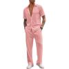 COOFANDY Men’s 2 Piece Outfit Casual Short Sleeve Button Down Shirt Beach Summer Loose Pant Sets(Pink)
