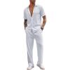 COOFANDY Men’s 2 Piece Outfit Casual Short Sleeve Button Down Shirt Beach Summer Loose Pant Sets(White)