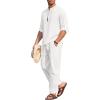 COOFANDY Men’s 2 Pieces Cotton Linen Set Long Sleeve Henley Shirts Casual Beach Pants With Pockets Summer Yoga Outfits(All White)