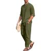 COOFANDY Men’s 2 Pieces Cotton Linen Set Long Sleeve Henley Shirts Casual Beach Pants With Pockets Summer Yoga Outfits(Army Green)