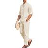 COOFANDY Men’s 2 Pieces Cotton Linen Set Long Sleeve Henley Shirts Casual Beach Pants With Pockets Summer Yoga Outfits(Beige)