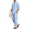 COOFANDY Men’s 2 Pieces Cotton Linen Set Long Sleeve Henley Shirts Casual Beach Pants With Pockets Summer Yoga Outfits(Blue)