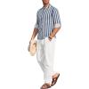 COOFANDY Men’s 2 Pieces Cotton Linen Set Long Sleeve Henley Shirts Casual Beach Pants With Pockets Summer Yoga Outfits(Blue Striped)