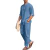 COOFANDY Men’s 2 Pieces Cotton Linen Set Long Sleeve Henley Shirts Casual Beach Pants With Pockets Summer Yoga Outfits(Denim Blue)