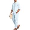 COOFANDY Men’s 2 Pieces Cotton Linen Set Long Sleeve Henley Shirts Casual Beach Pants With Pockets Summer Yoga Outfits(Light Blue)