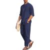COOFANDY Men’s 2 Pieces Cotton Linen Set Long Sleeve Henley Shirts Casual Beach Pants With Pockets Summer Yoga Outfits(Navy Blue)