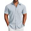 COOFANDY Men’s Button Down Shirts Short Sleeve Casual Shirts Summer Beach Linen Shirts with Pocket(Blue)