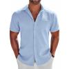 COOFANDY Men’s Button Down Shirts Short Sleeve Casual Shirts Summer Beach Linen Shirts with Pocket(Clear Blue)