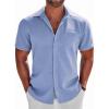 COOFANDY Men’s Button Down Shirts Short Sleeve Casual Shirts Summer Beach Linen Shirts with Pocket(Light Blue)