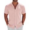 COOFANDY Men’s Button Down Shirts Short Sleeve Casual Shirts Summer Beach Linen Shirts with Pocket(Light Pink)