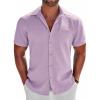 COOFANDY Men’s Button Down Shirts Short Sleeve Casual Shirts Summer Beach Linen Shirts with Pocket(Light Purple)