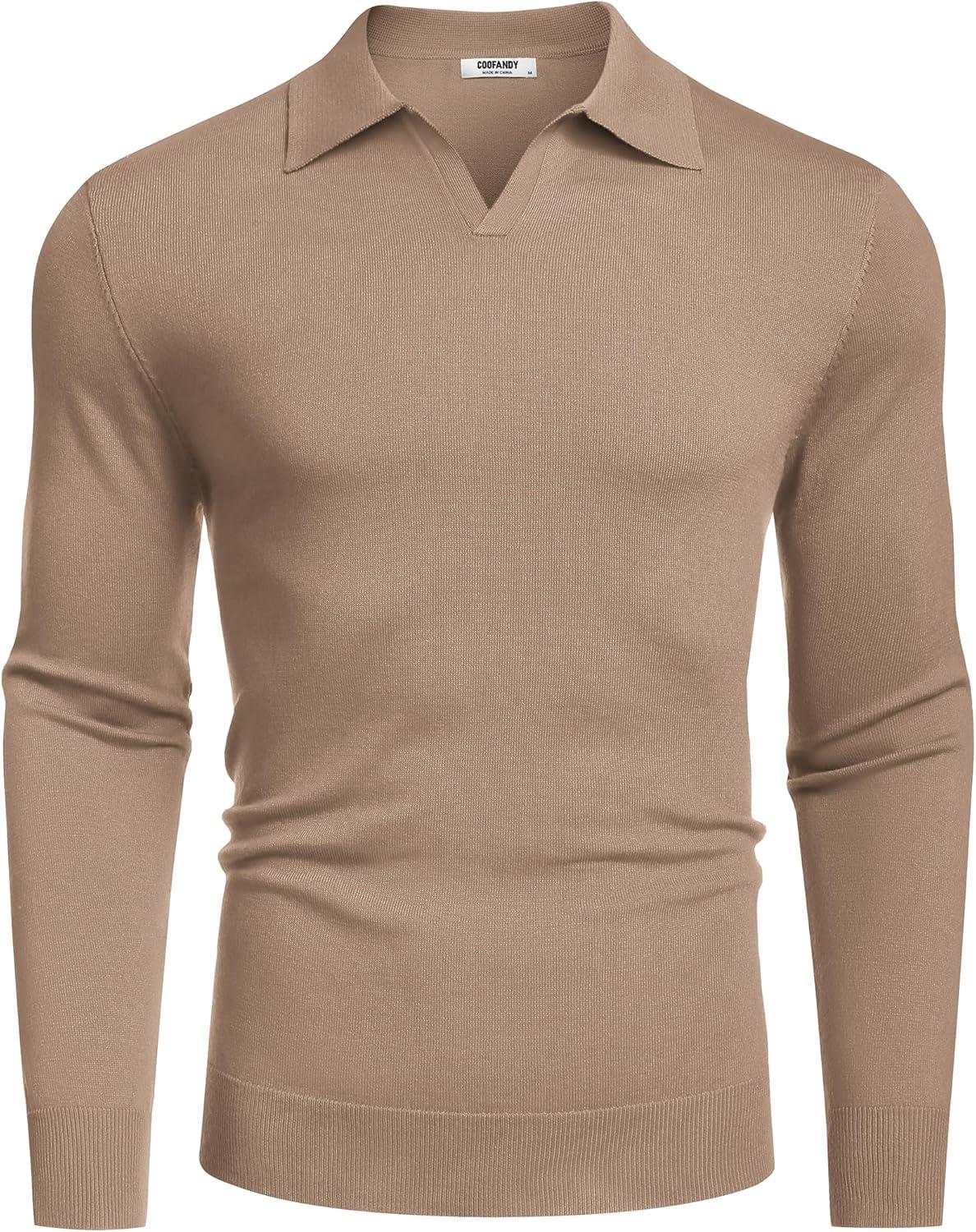 imageCOOFANDY Long Sleeve Polo Shirts for Men Knit Polo Sweater Lightweight Ribbed Pullover SweaterLight Khaki