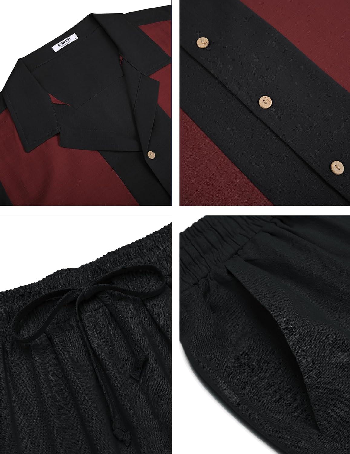 imageCOOFANDY Men 2 Piece Linen Outfit Beach Button Down Shirt Casual Loose Pant SetsBlack Patchwork Wine Red ShirtBlack Pants