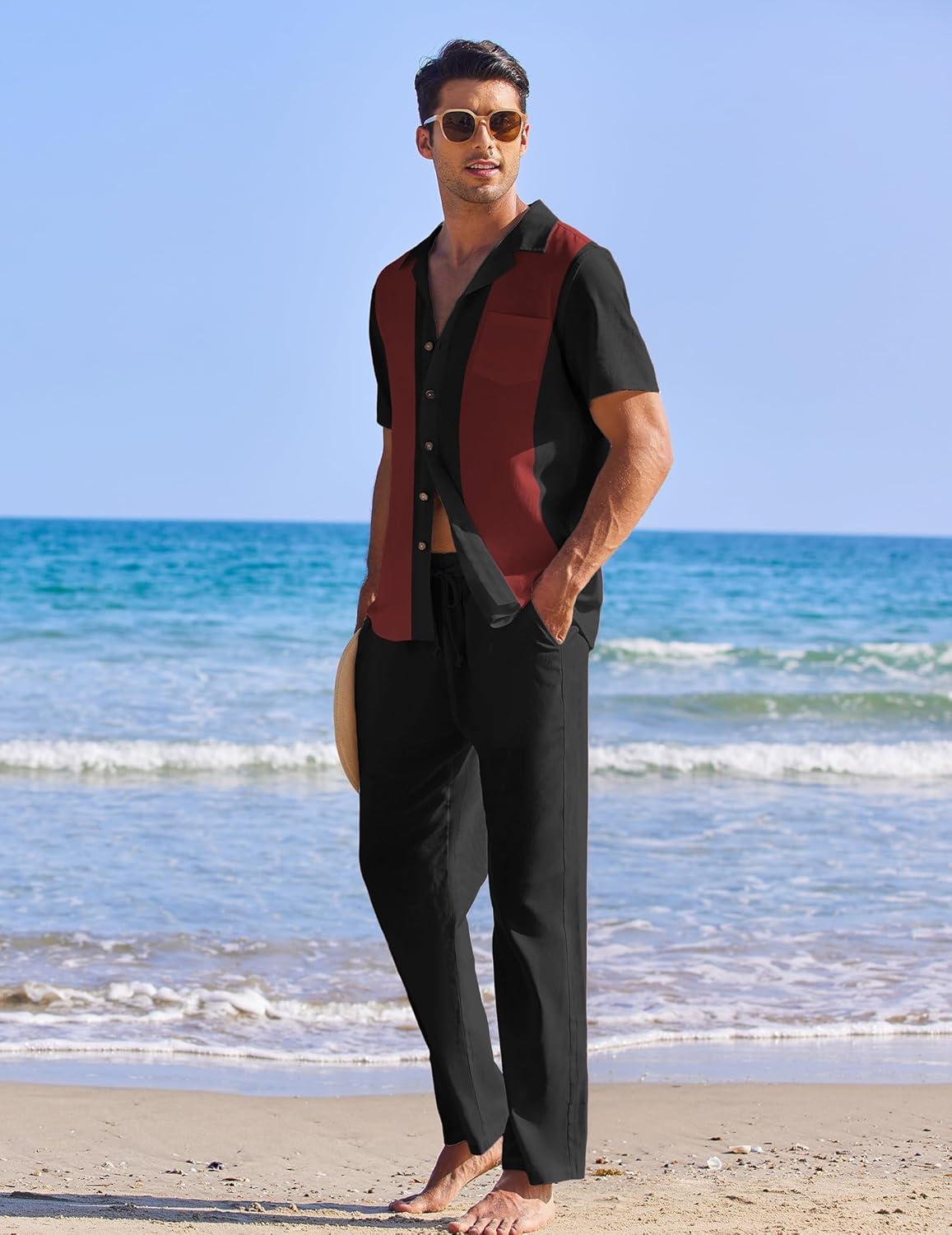imageCOOFANDY Men 2 Piece Linen Outfit Beach Button Down Shirt Casual Loose Pant SetsBlack Patchwork Wine Red ShirtBlack Pants
