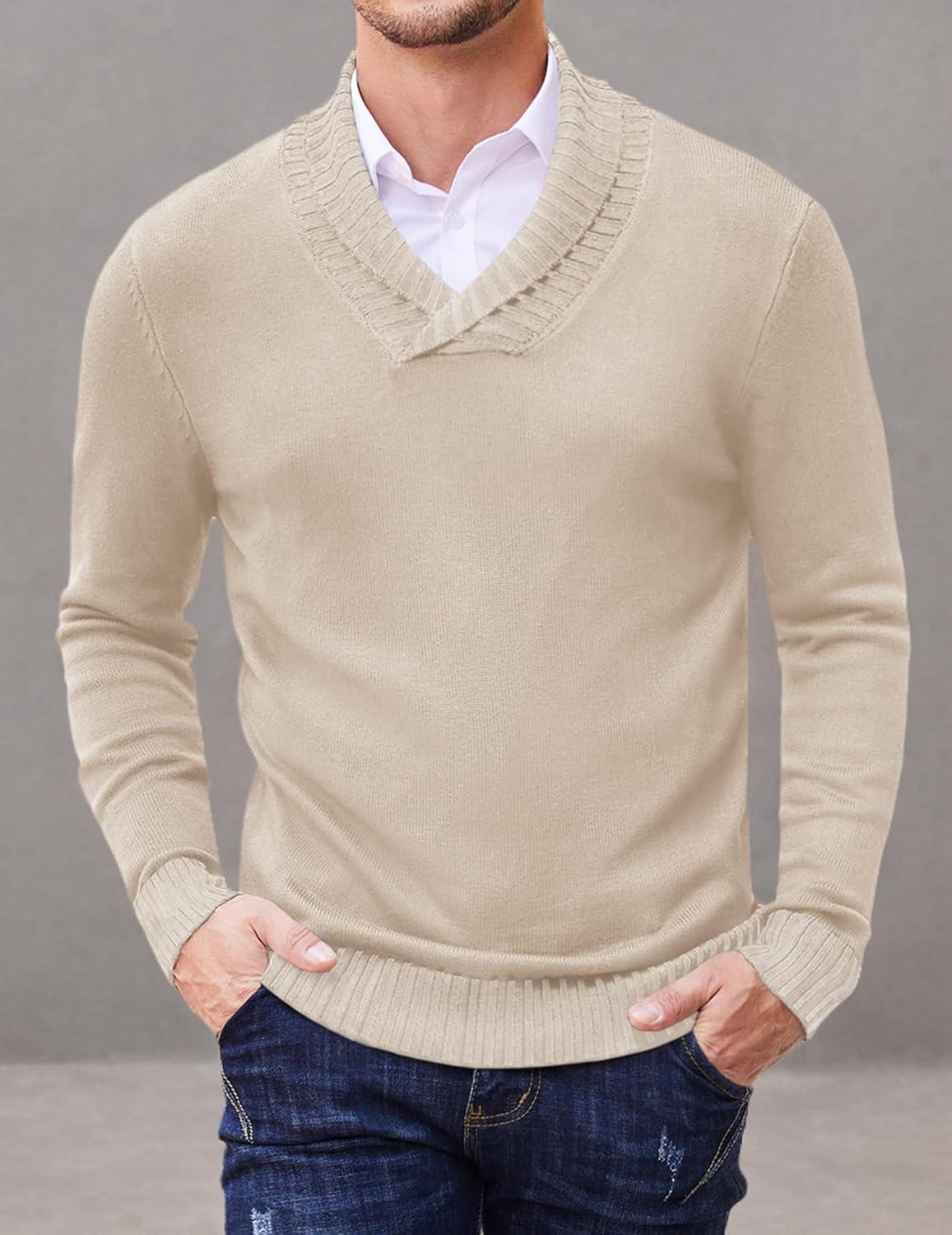 imageCOOFANDY Men Casual Knitted Sweaters Shawl Collar Dress Sweater Long Sleeve VNeck Pullover TopsApricot