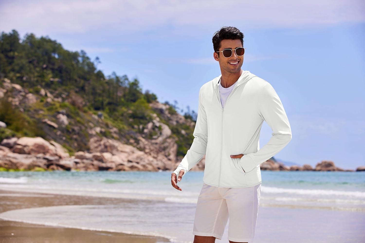 imageCOOFANDY Men Full Zip UPF 50 Sun Protection Hoodie Jacket Long Sleeve Lightweight Breathable UV Shirts with PocketsWhite