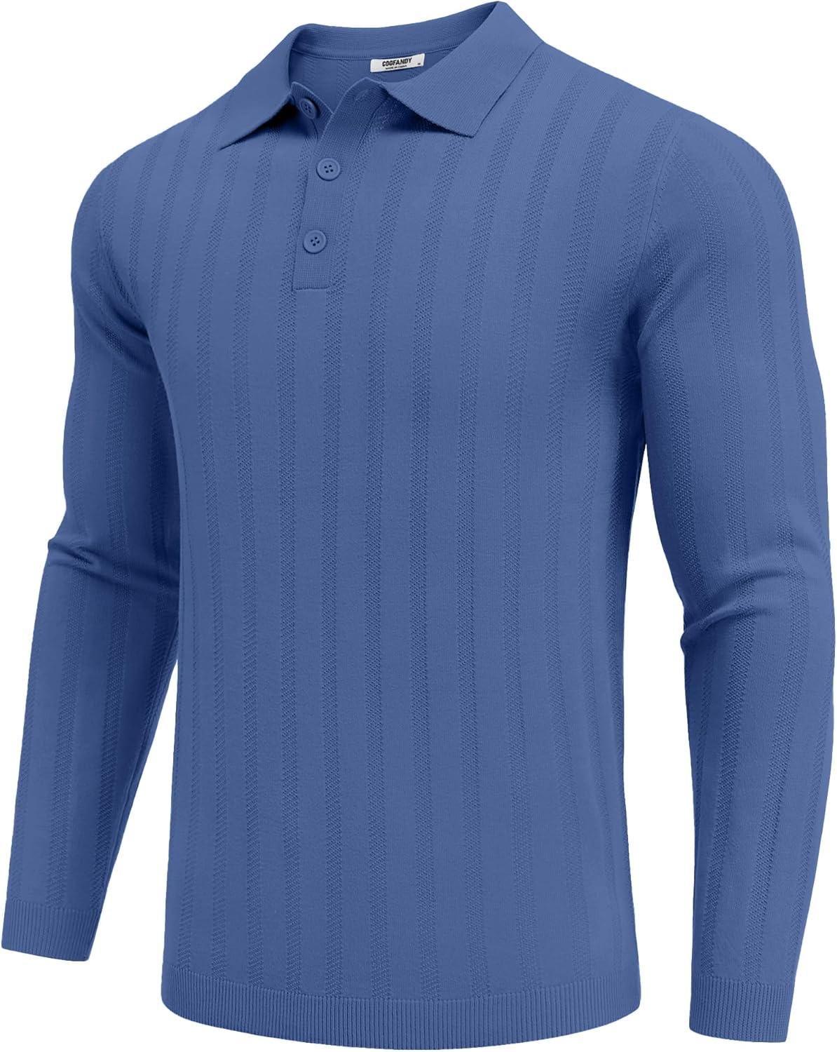 imageCOOFANDY Men Knit Long Sleeve Polo Shirts Casual Dress Collared Sweater Pullover Button Down Golf Polo ShirtsBlue