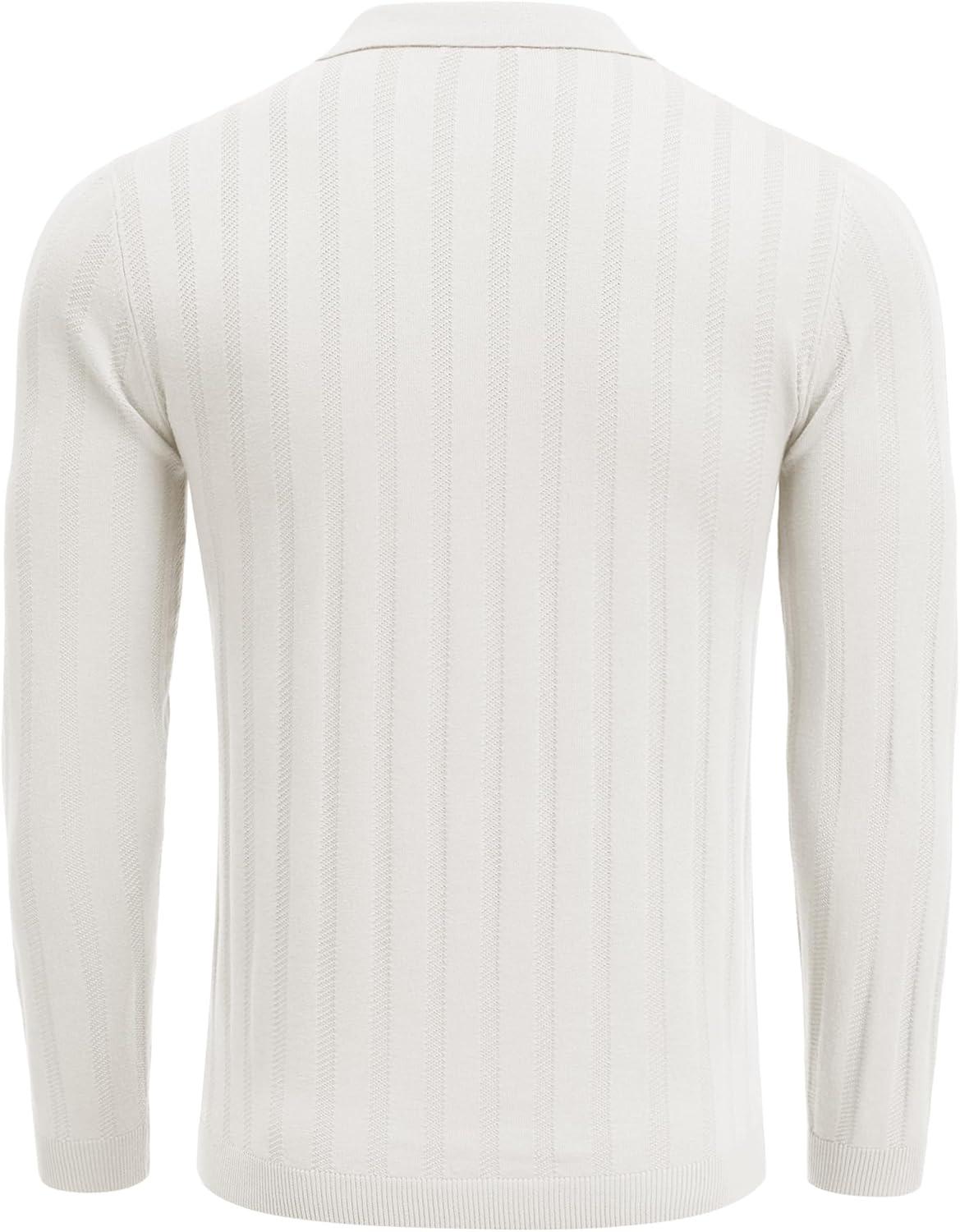 imageCOOFANDY Men Knit Long Sleeve Polo Shirts Casual Dress Collared Sweater Pullover Button Down Golf Polo ShirtsWhite